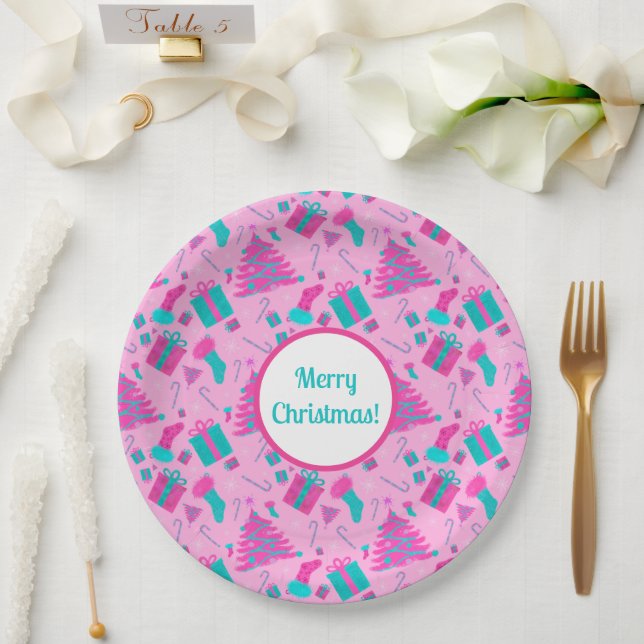 Pink Christmas tree stocking candy cane presents Paper Plate (Wedding)