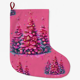 Pink Christmas Tree Trendy Preppy Aesthetic Large Christmas Stocking