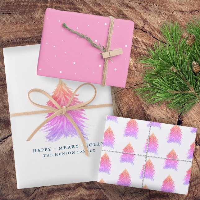 Pink Christmas Tree Watercolor Drawing Holiday Wrapping Paper Sheet (Creator Uploaded)