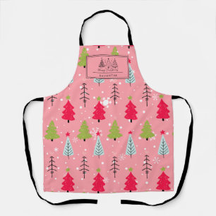 Pink Christmas Tree Whimsical Holiday Pattern Apron