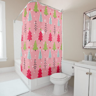 Pink Christmas Tree Whimsical Holiday Pattern Shower Curtain