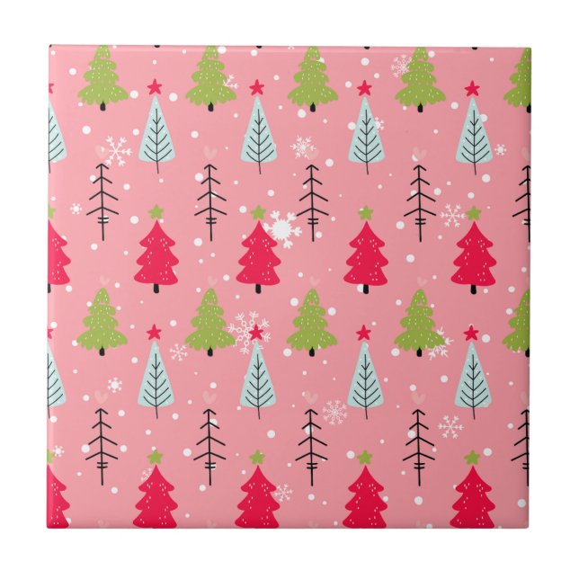 Pink Christmas Tree Whimsical Holiday Pattern Tile (Front)