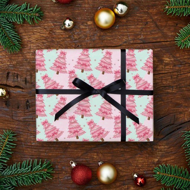 Pink Christmas trees decorated with bows. Wrapping Paper (Creator Uploaded)