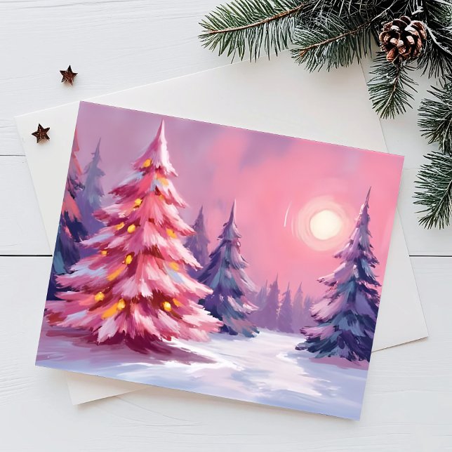 Pink Christmas Trees Pastel Winter Watercolor Holiday Postcard (Creator Uploaded)