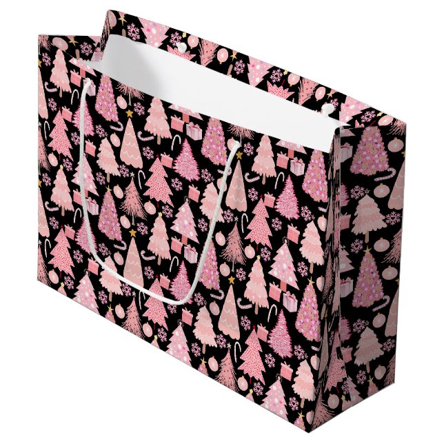 Pink Christmas Trees Pattern Black BG Large Gift Bag (Front Angled)