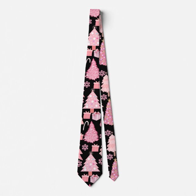 Pink Christmas Trees Pattern Black BG Tie (Front)