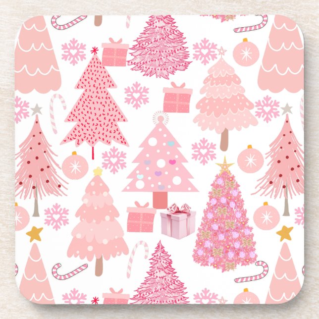 Pink Christmas Trees Pattern Coaster (Front)