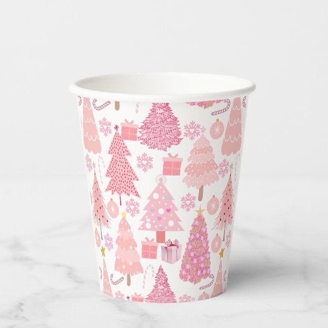 Pink Christmas Trees Pattern Paper Cups (Front)