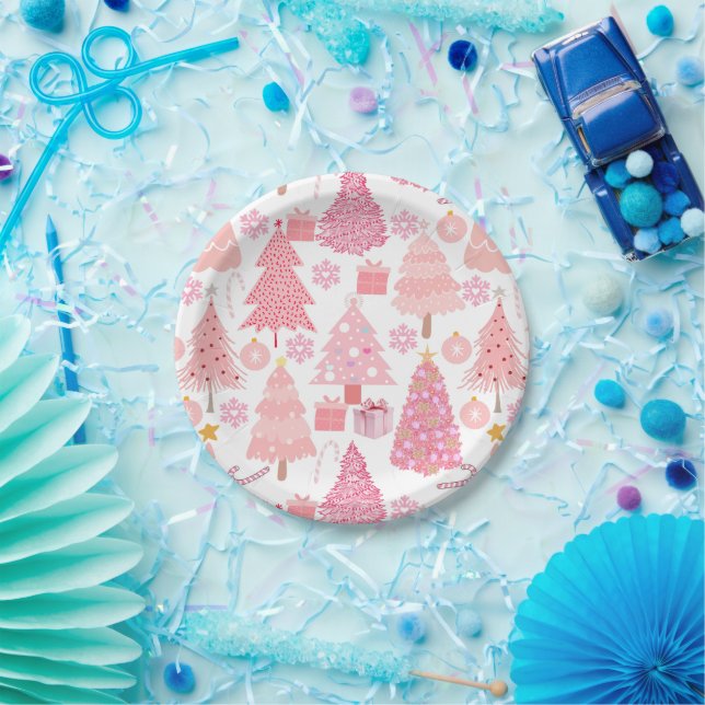Pink Christmas Trees Pattern Paper Plate (Party)