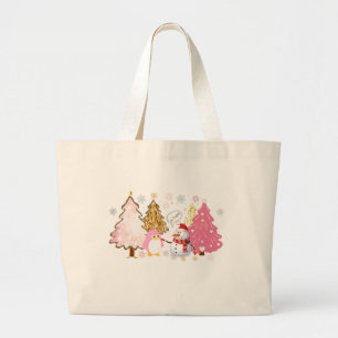 Pink Christmas Trees, Playful Penguin, and Snowman Large Tote Bag