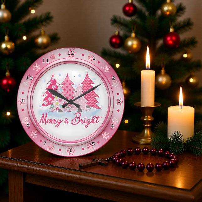 Pink Christmas Trees Round Holiday Design Large Clock (Creator Uploaded)