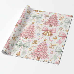 Pink Christmas Trees Satin Bows & Golden Bells Wrapping Paper