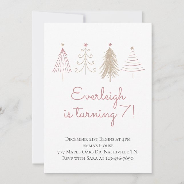 Pink Christmas Trees Winter Pines Birthday Invitation (Front)