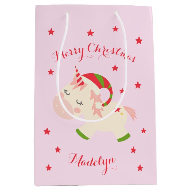 Pink Christmas Unicorn Holiday Personalised Medium Gift Bag (Front)
