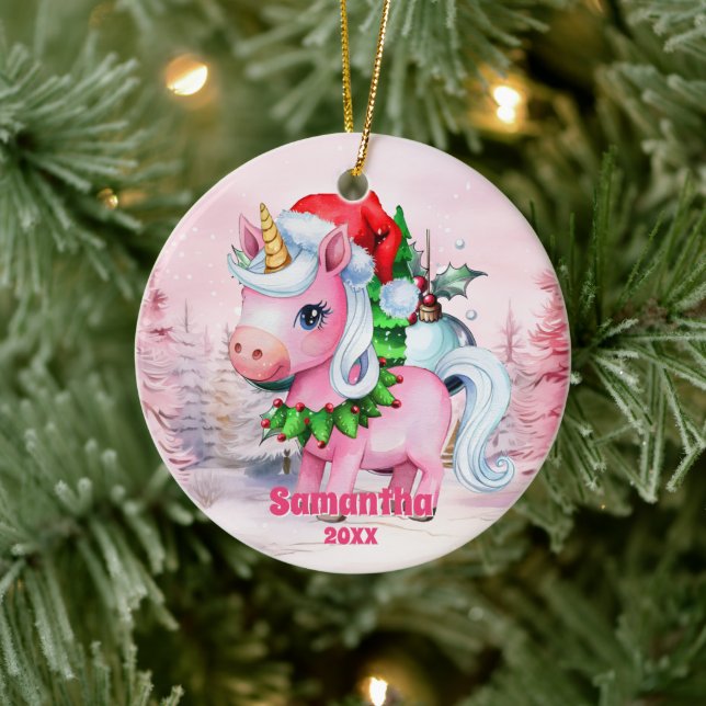 Pink Christmas Unicorn Kids Photo Ornament (Tree)