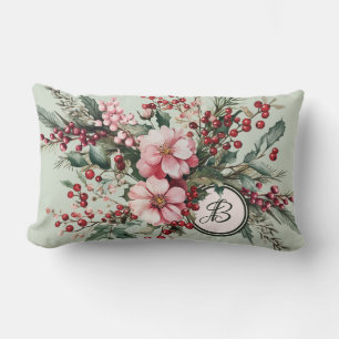 Pink Christmas Watercolor Floral Elegant Monogram Lumbar Cushion