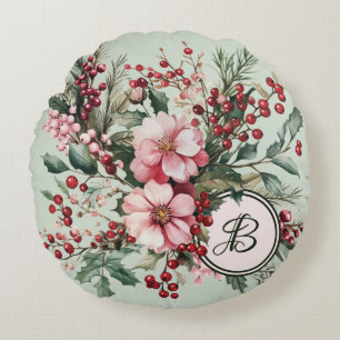 Pink Christmas Watercolor Floral Personalised Roun Round Cushion