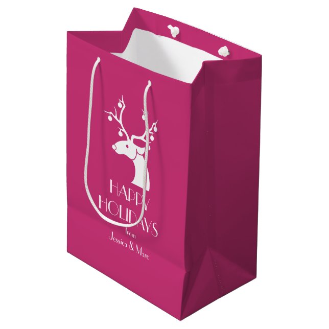 Pink Christmas White Reindeer Personalised Message Medium Gift Bag (Front Angled)