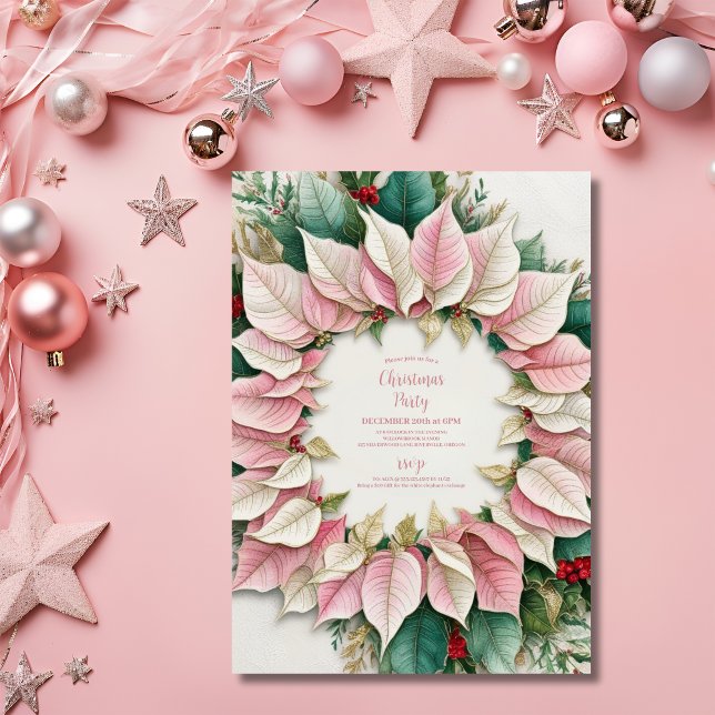 Pink Christmas Winter Elegant Poinsettia Party Invitation (Creator Uploaded)