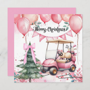 Pink  Christmas with golf  cart for golfer    Holiday Card