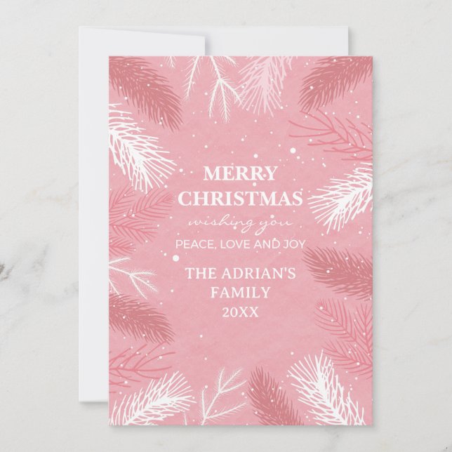 Pink christmas with pine tree leaves  holiday card (Front)