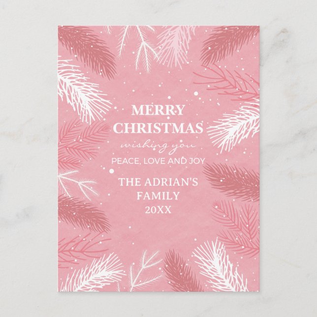 Pink christmas with pine tree leaves  postcard (Front)
