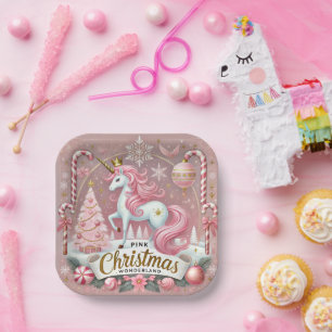 Pink Christmas Wonderland Unicorn Paper Plate