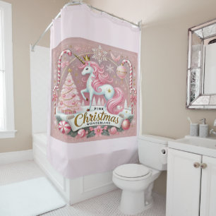 Pink Christmas Wonderland Unicorn  Shower Curtain