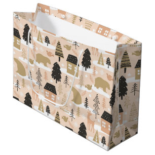 Pink Christmas Woodland Bears and Village Large Gift Bag