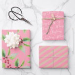 Pink Christmas Wrapping Paper Unique Watercolor<br><div class="desc">This pink Christmas wrapping paper features watercolor red berries and greenery, green and white stripes and "Merry Christmas" pattern. Each sheet is a trendy yet cute choice for your Christmas gift giving needs. To see more designs like this visit www.zazzle.com/dotellabelle Unique watercolor art and design by Victoria Grigaliunas of Do...</div>