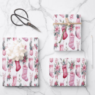 Pink Christmas wrapping with stockings pine branch Paper Sheet