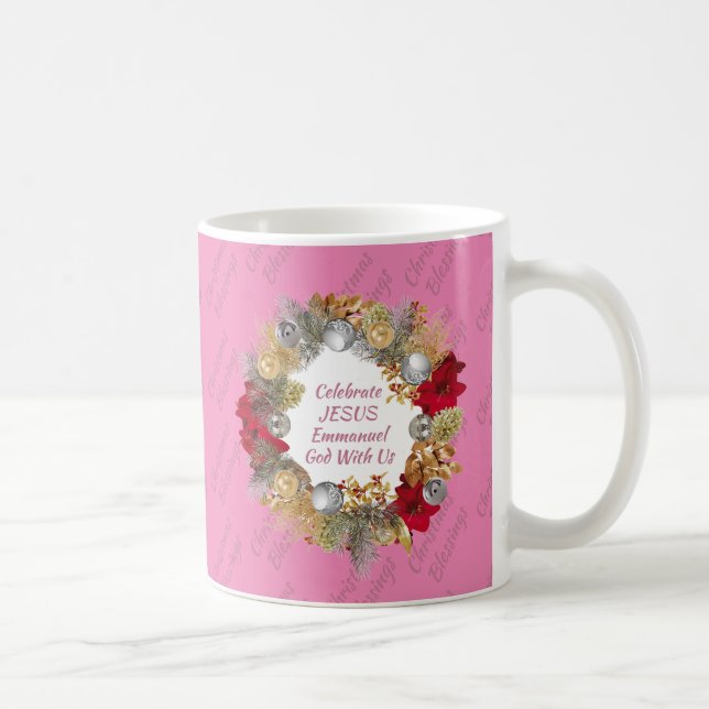 Pink Christmas Wreath Monogram Coffee Mug (Right)