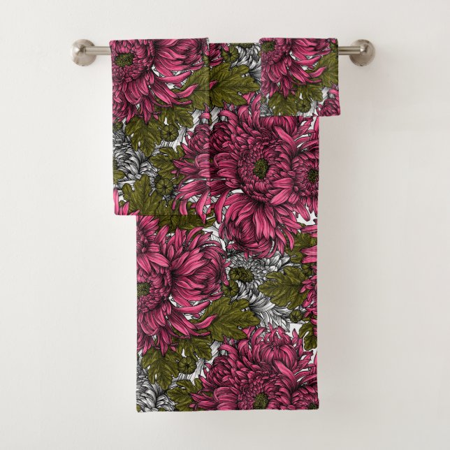 Pink chrysanthemum flowers bath towel set (Insitu)