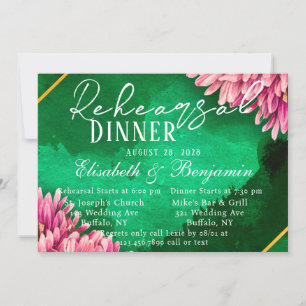 Pink Chrysanthemums Gold Rehearsal Dinner Invitation