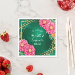 Pink Chrysanthemums with Gold Geometric Wedding Napkin