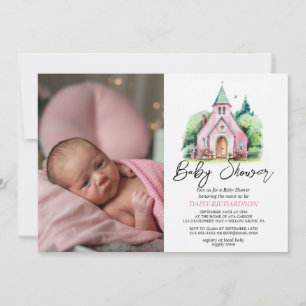 Pink church floral watercolor baby shower invitation
