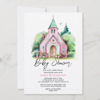 Pink church floral watercolor baby shower invitation