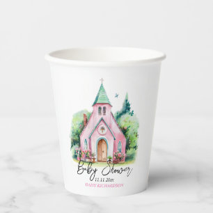 Pink church floral watercolor baby shower paper cups