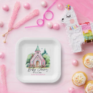 Pink church floral watercolor baby shower paper plate
