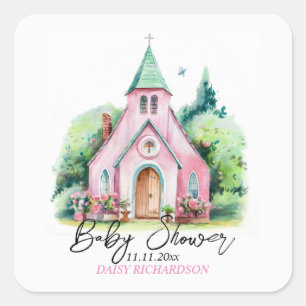 Pink church floral watercolor baby shower square sticker