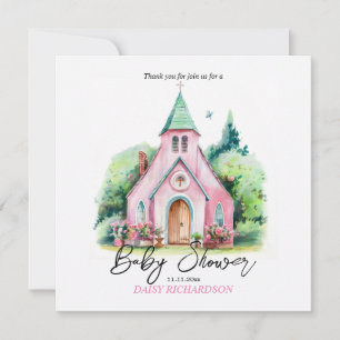 Pink church floral watercolor baby shower thank you card