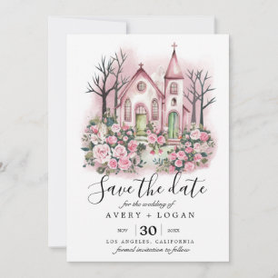 pink church floral watercolor save the date invitation