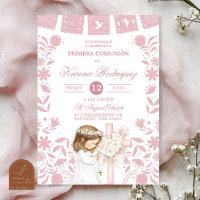 Pink Cielito Lindo First Holy Communion Girl Kneel