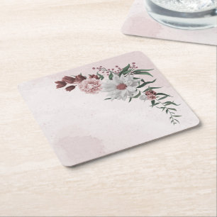 pink cinnamon rose white floral square paper coaster