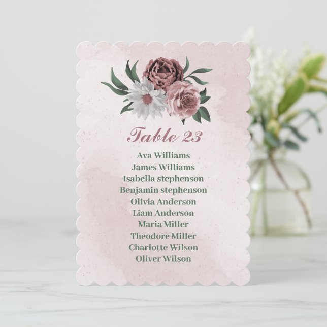  pink cinnamon rose white seating chart card (Standing Front)