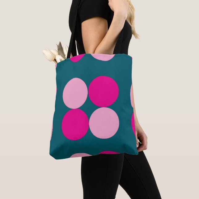 Pink Circles on Green Tote Bag (Close Up)