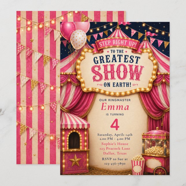 Pink Circus Birthday Invitation (Front/Back)