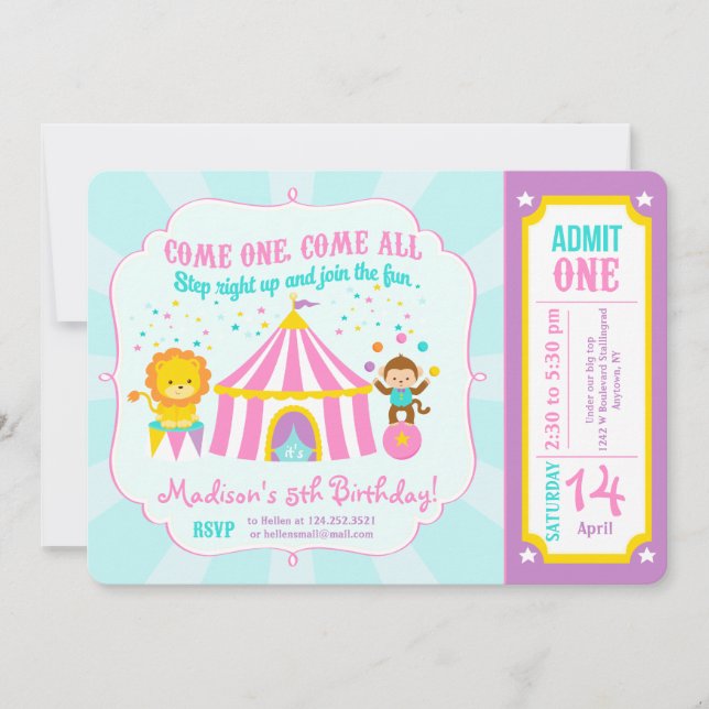 Pink Circus Carnival Birthday Party Ticket Invitation (Front)