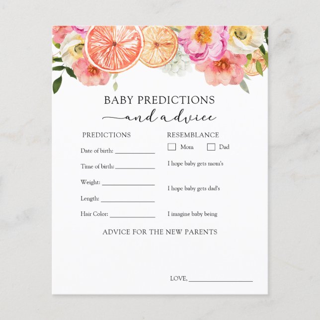 Pink Citrus Baby Advice and Predictions Card (Front)