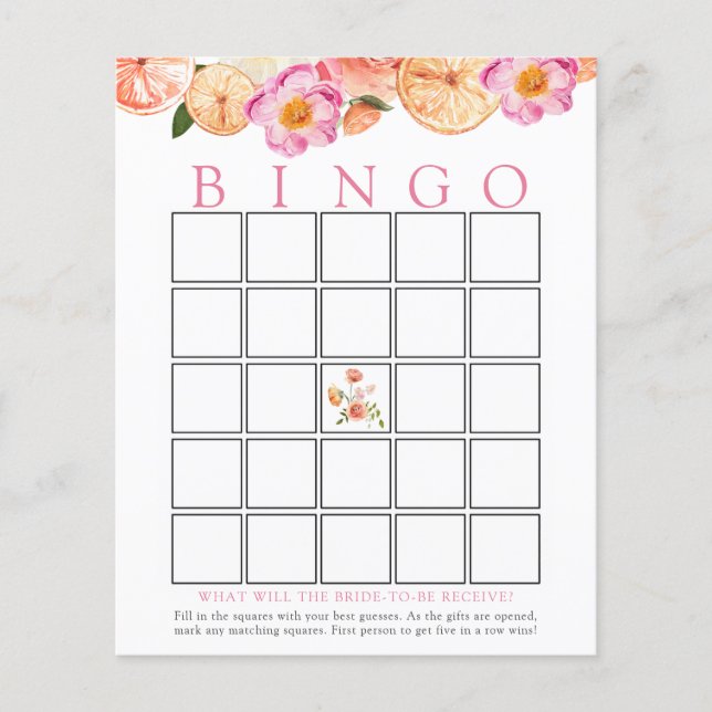 Pink Citrus Bridal Bingo Game Card (Front)